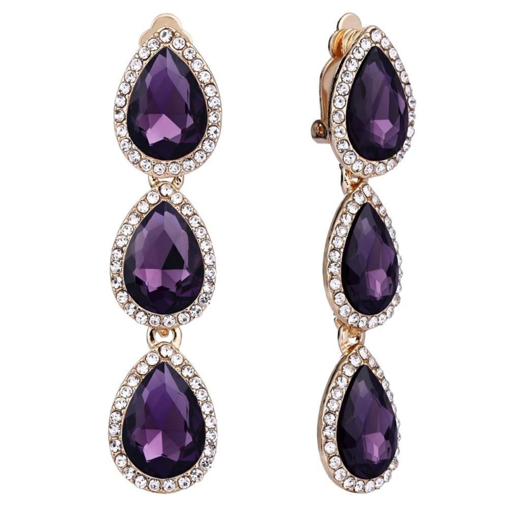 Yellow Gold with Purple Amethyst and Diamond Austrian Crystal Clip On Earrings